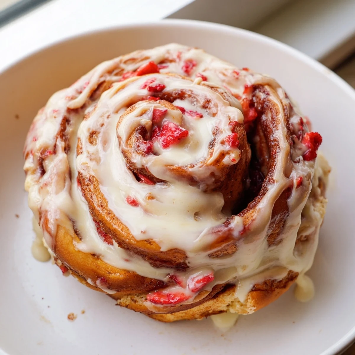 Swirled Strawberry Cheesecake Cinnabon Rolls with sweet strawberry filling oozing from soft, fluffy layers
