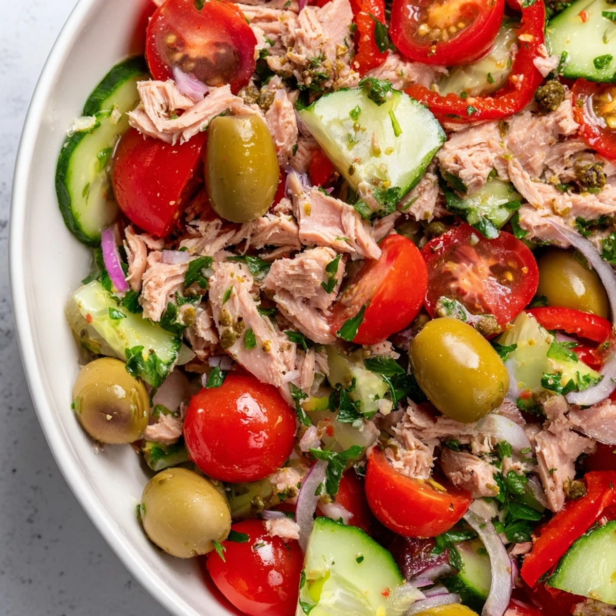 Crisp cucumber and red onion tossed through flaked tuna in zesty lemon dressing