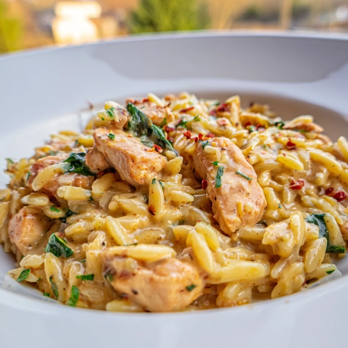 Creamy Cajun Chicken Alfredo Orzo served in a rustic skillet with fresh parsley garnish