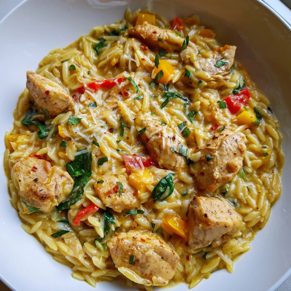 Steaming bowl of Cajun Chicken Alfredo Orzo with tender bites of spiced chicken throughout