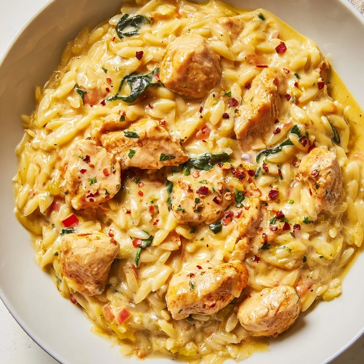 Golden browned chicken pieces nestled in rich Cajun Chicken Alfredo Orzo with melted Parmesan