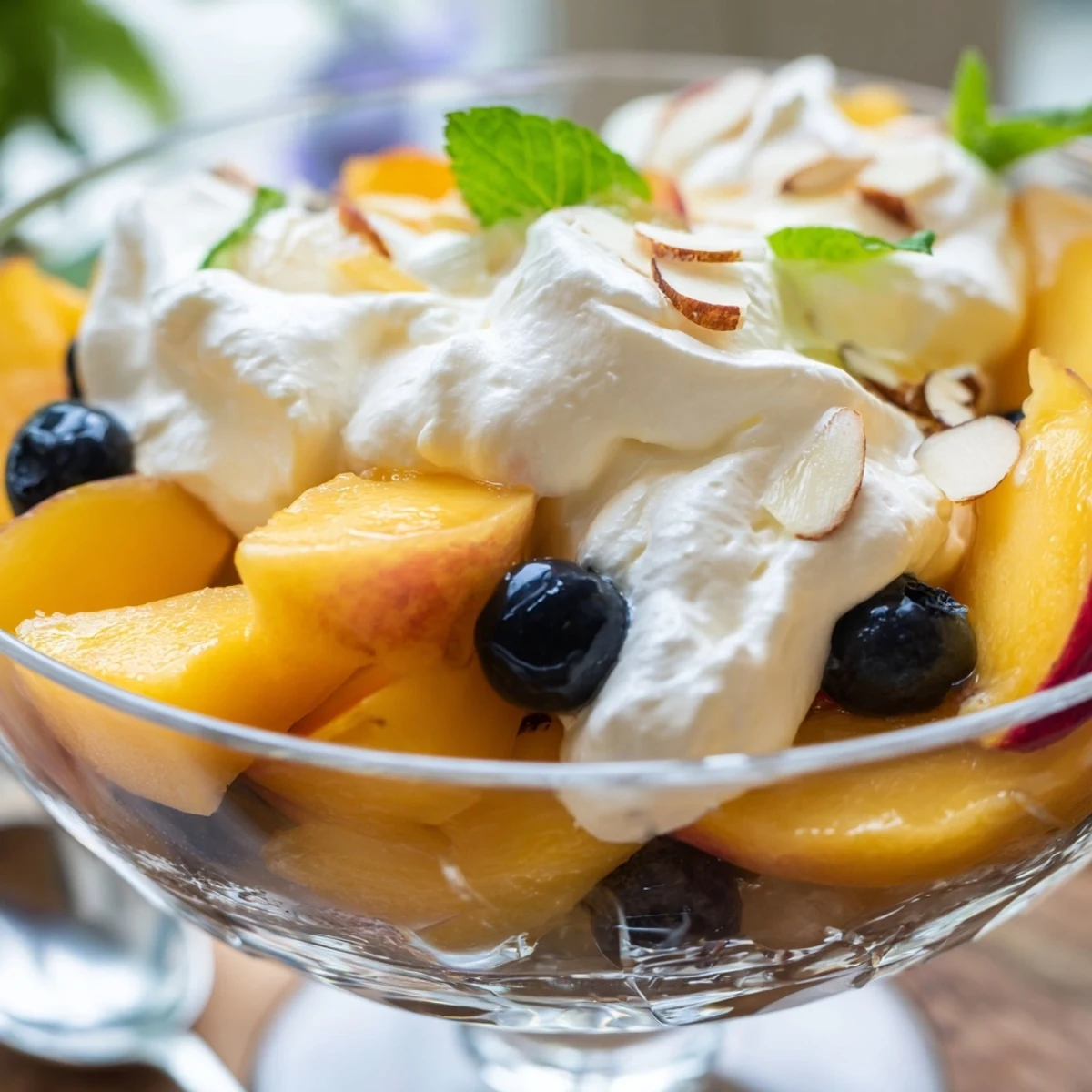 Creamy peaches and cream salad topped with fresh mint and sliced almonds