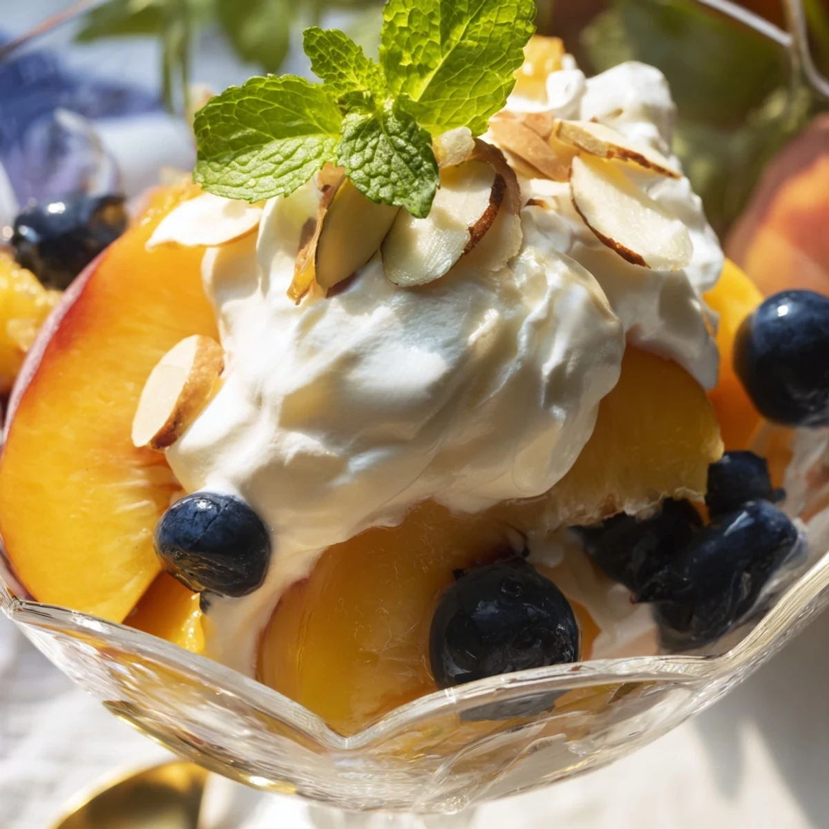 Juicy peach slices layered with fluffy whipped cream in a chilled glass