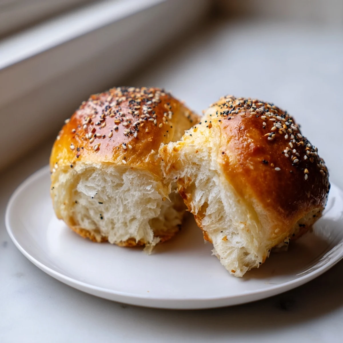 Soft homemade sourdough discard hot dog buns arranged on a rustic wooden serving board