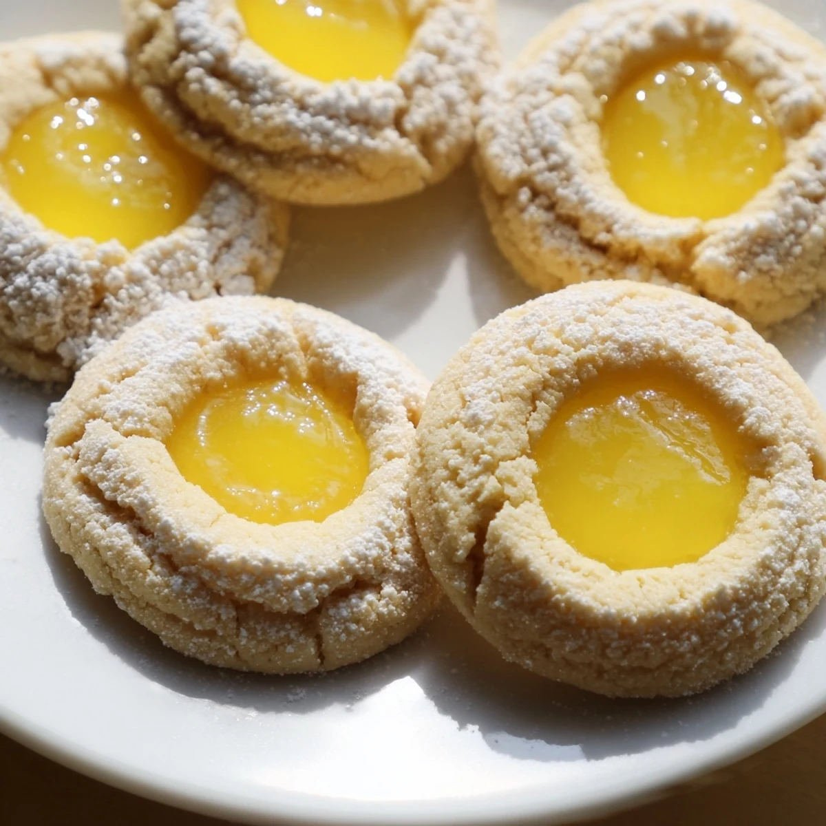 Golden lemon curd cookies with tangy filling peeking from buttery, tender thumbprint centers.