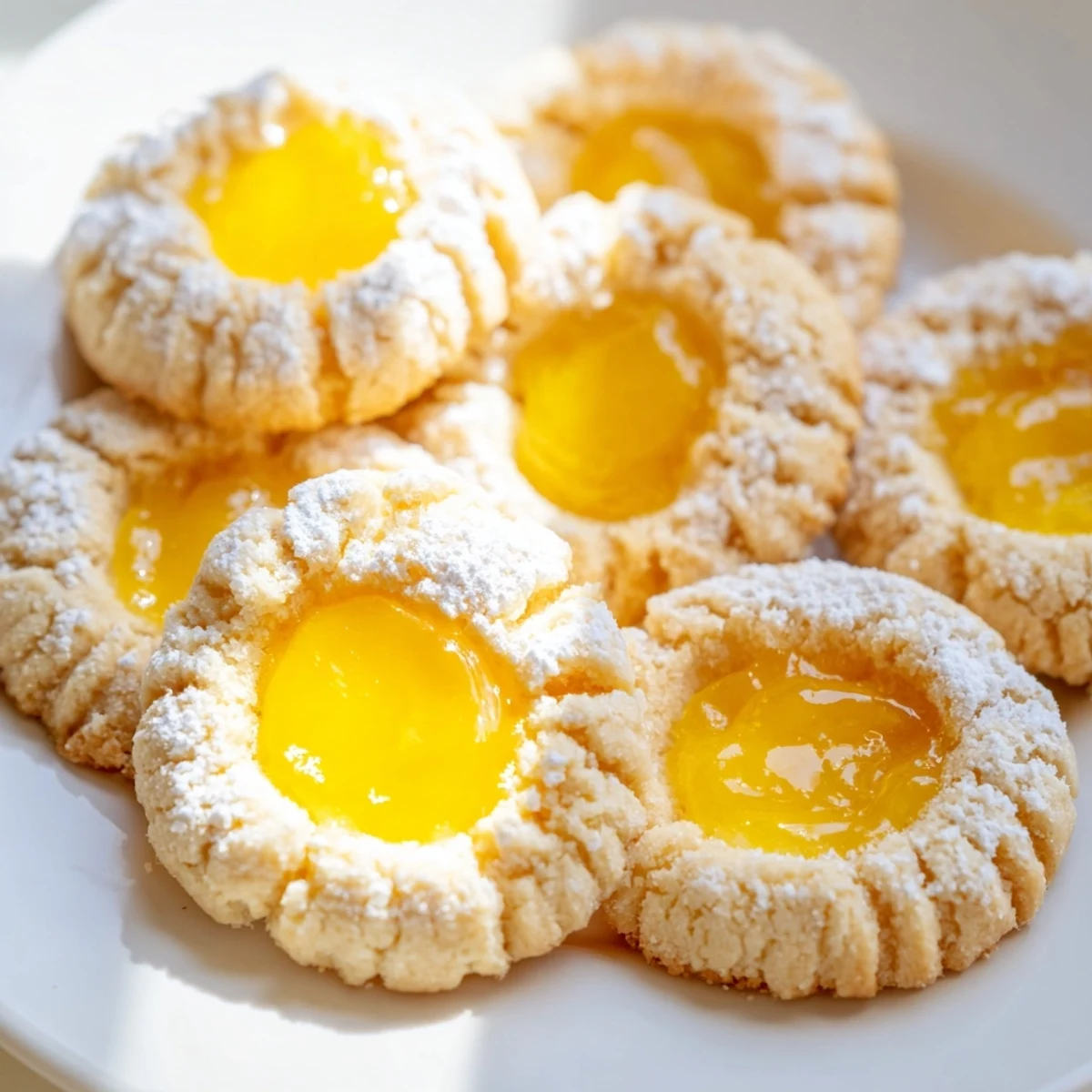 Bright lemon curd cookies dusted with powdered sugar on a rustic baking sheet.