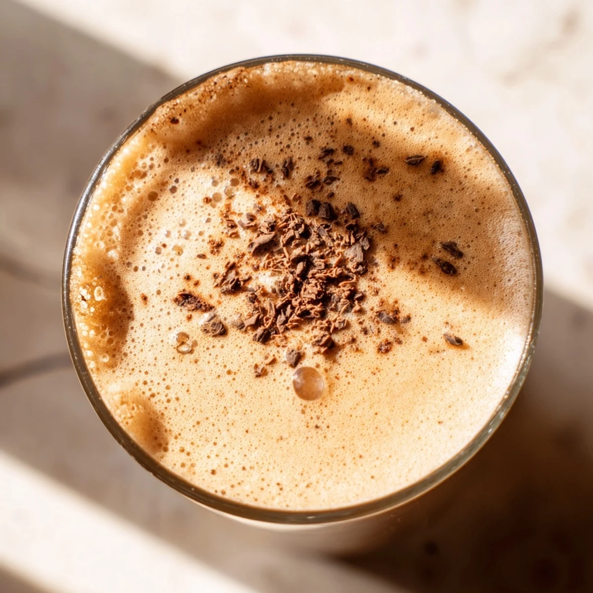 Creamy coffee smoothie in a glass with a banana slice on top