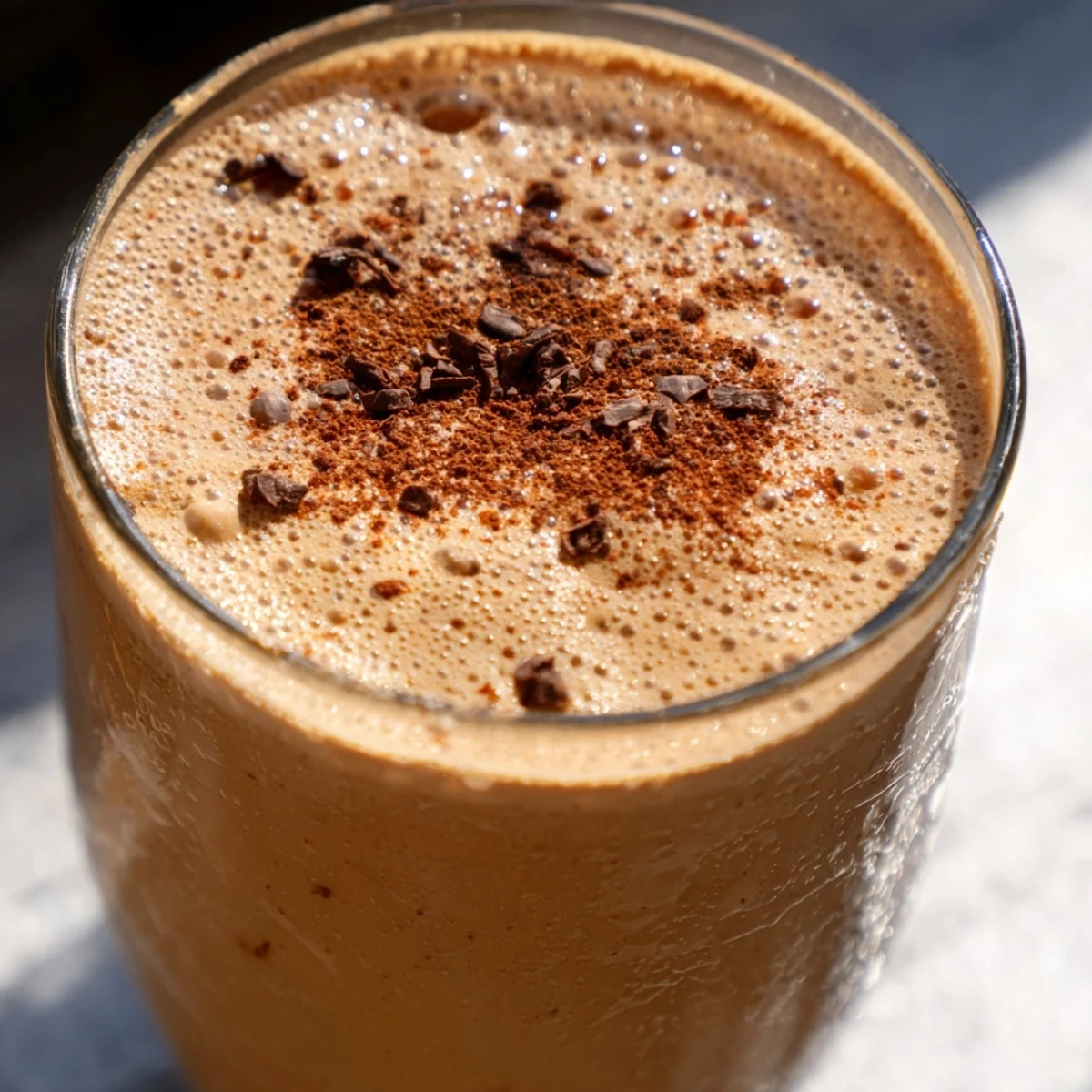 Frothy coffee smoothie topped with chocolate shavings in a clear mason jar