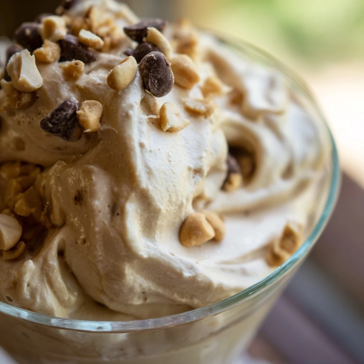 Creamy peanut butter and Cool Whip mousse topped with chocolate shavings and chopped peanuts in glass cups