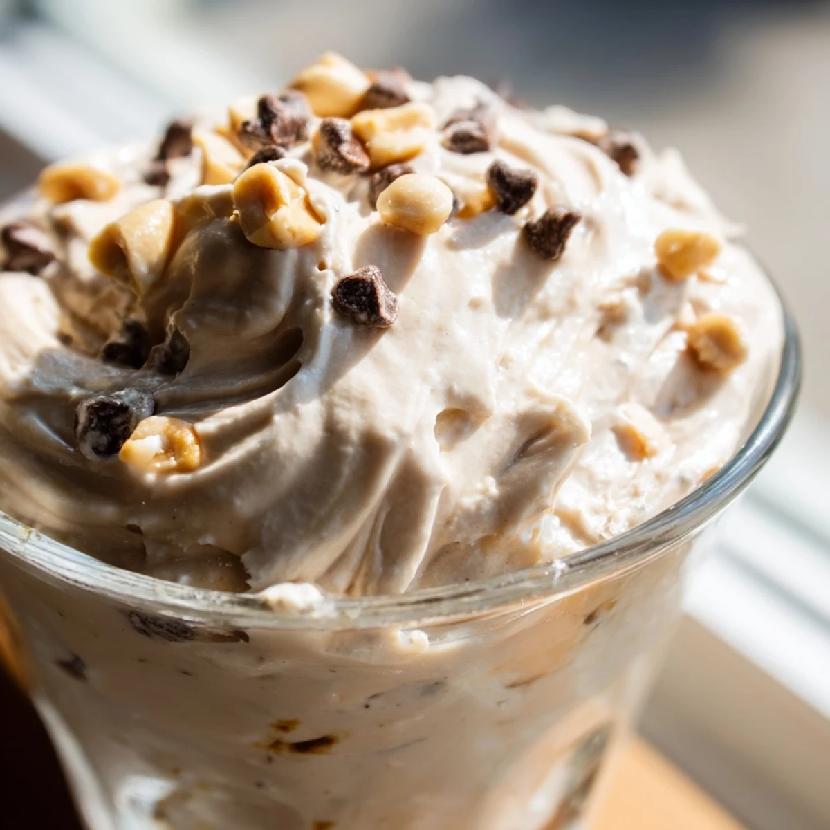 Fluffy peanut butter and Cool Whip mousse served chilled with chocolate chips and crunchy peanut garnish