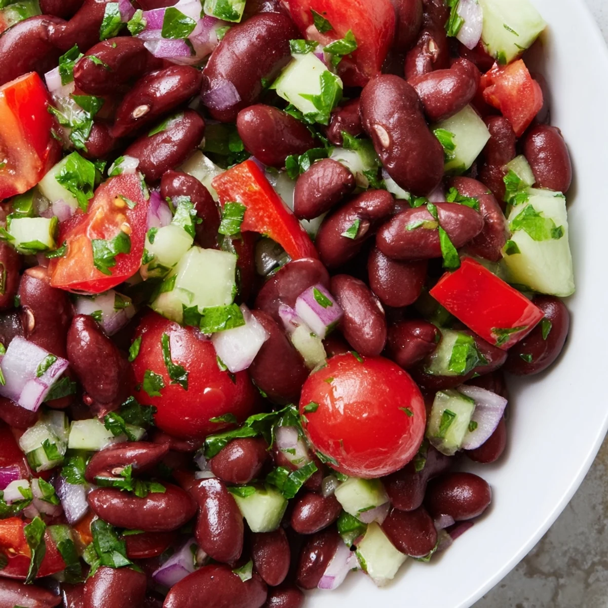 Colorful kidney bean salad in a bowl with crisp bell peppers and fresh parsley
