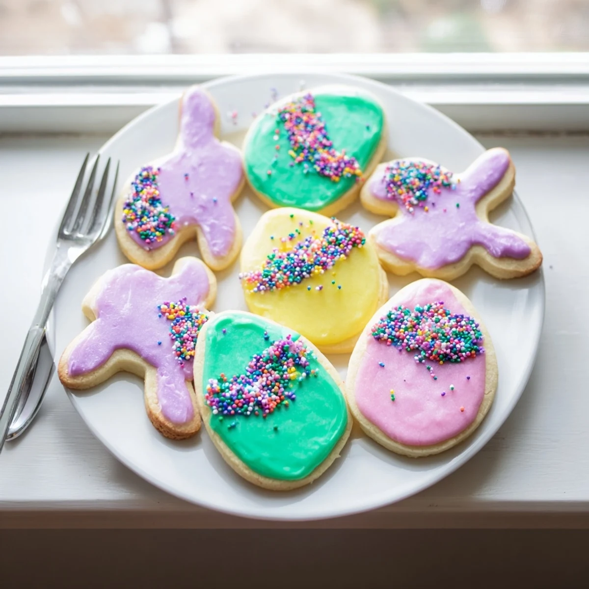 Pastel frosted Spring Easter cookies arranged on a rustic wooden serving board with colorful sprinkles