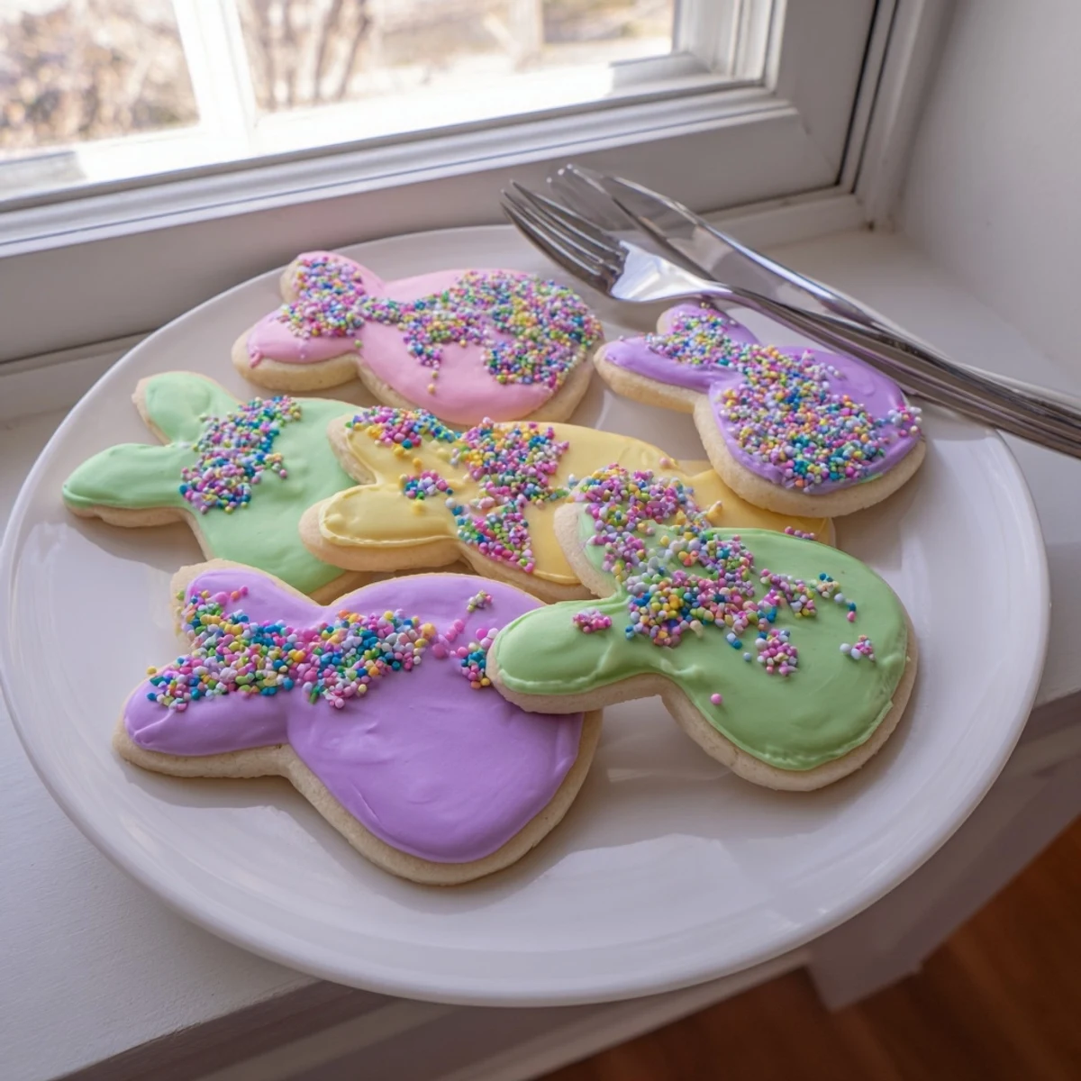 Buttery Spring Easter cookies shaped like bunnies and eggs decorated with smooth royal icing