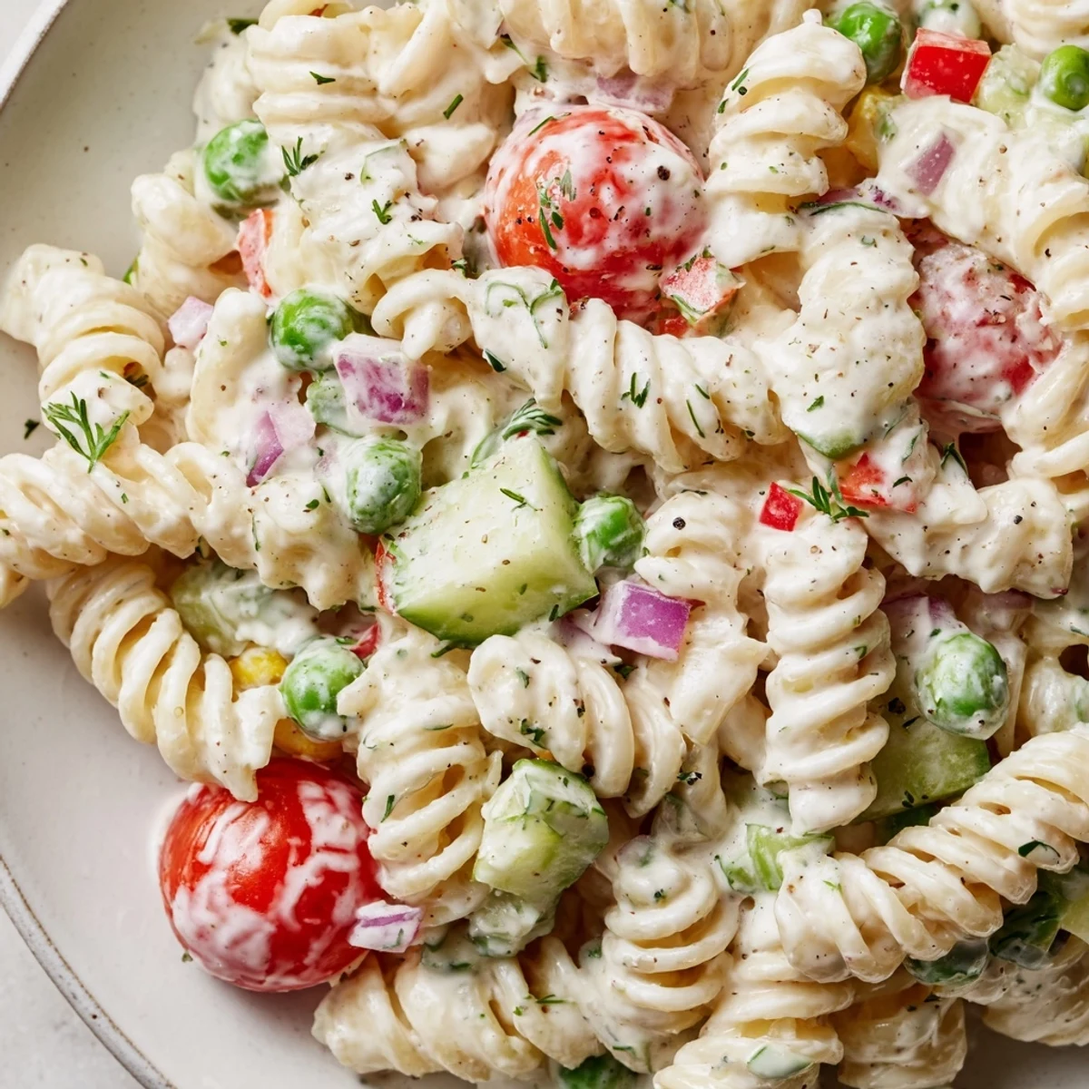 Creamy ranch pasta salad loaded with colorful crisp vegetables in a tangy herb dressing
