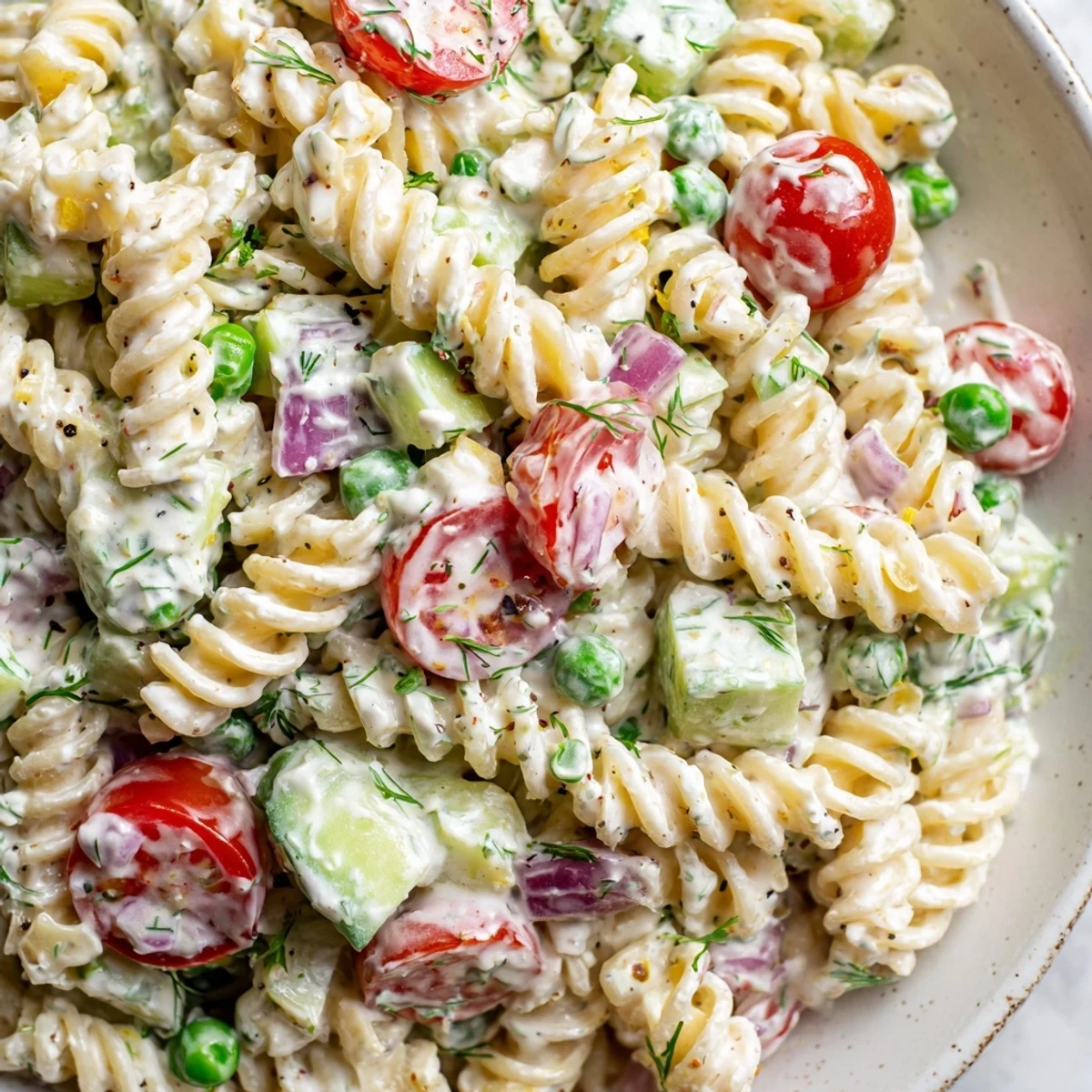 Chilled creamy ranch pasta salad featuring tender rotini tossed with fresh diced vegetables