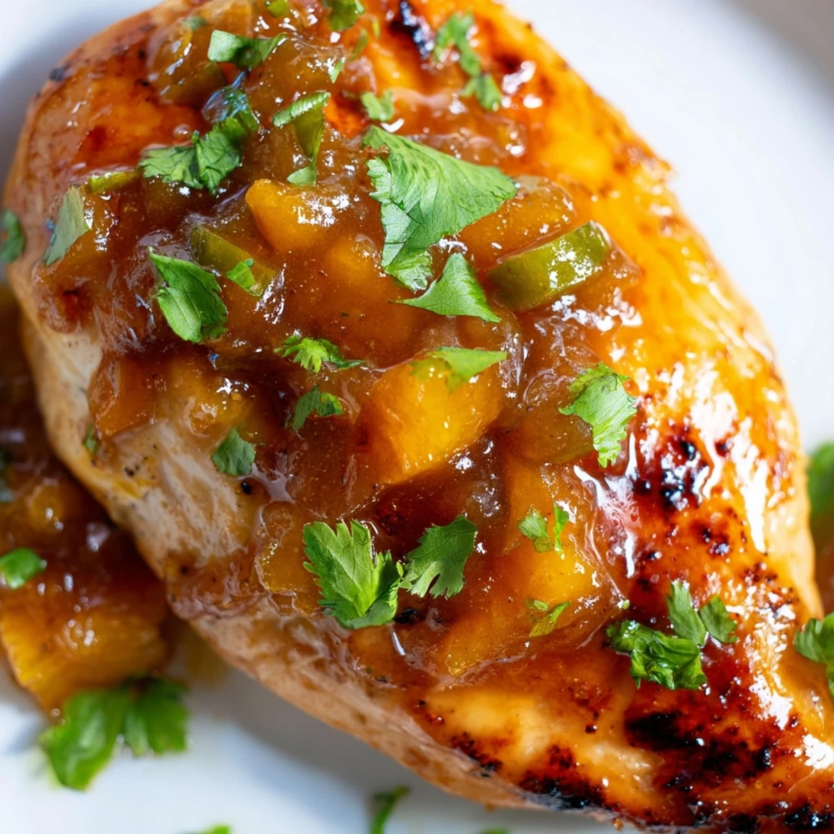 Juicy jalapeno peach chicken glazed with sweet-spicy sauce on a white plate