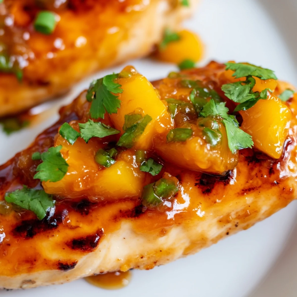Golden seared jalapeno peach chicken topped with fresh herbs and sliced peaches