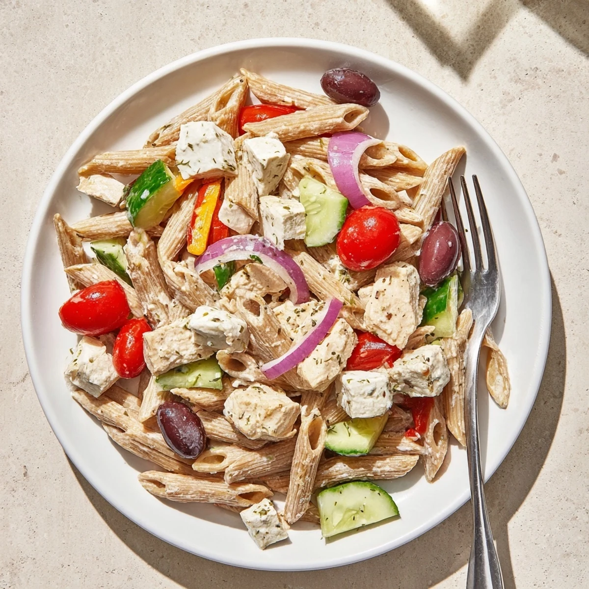 Colorful High Protein Greek Pasta Salad loaded with crisp vegetables, tender chicken, and creamy feta cheese