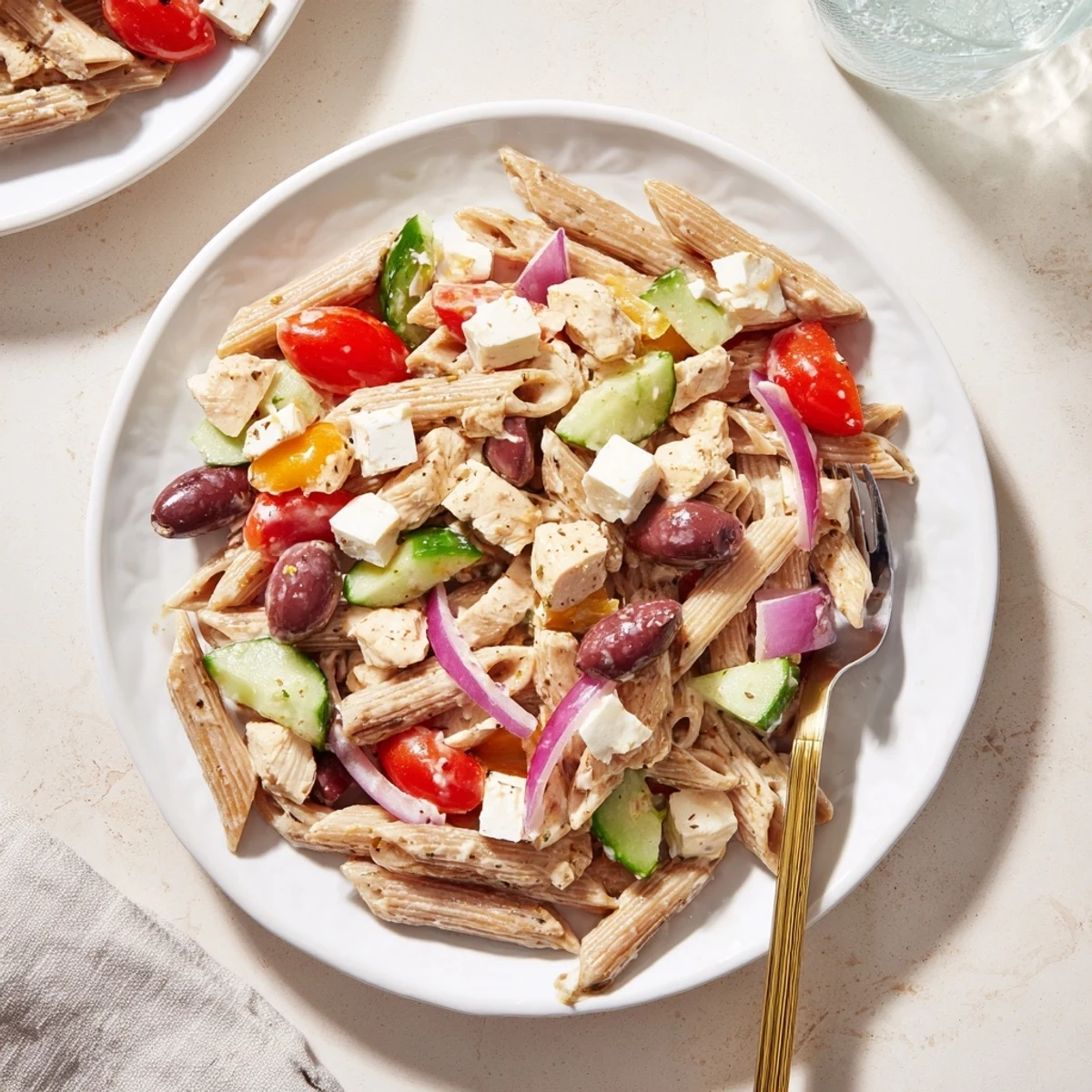 High Protein Greek Pasta Salad in a white bowl featuring cherry tomatoes, cucumber, and olives