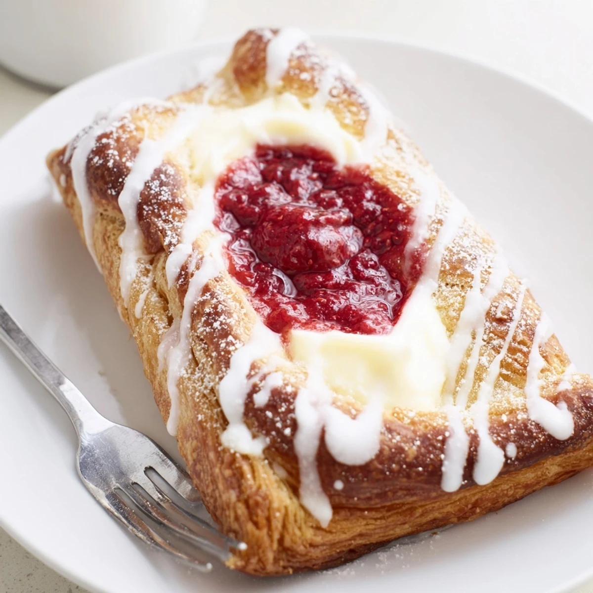 Golden Sourdough Discard Raspberry Cream Cheese Danishes drizzled with sweet vanilla glaze on rustic parchment paper