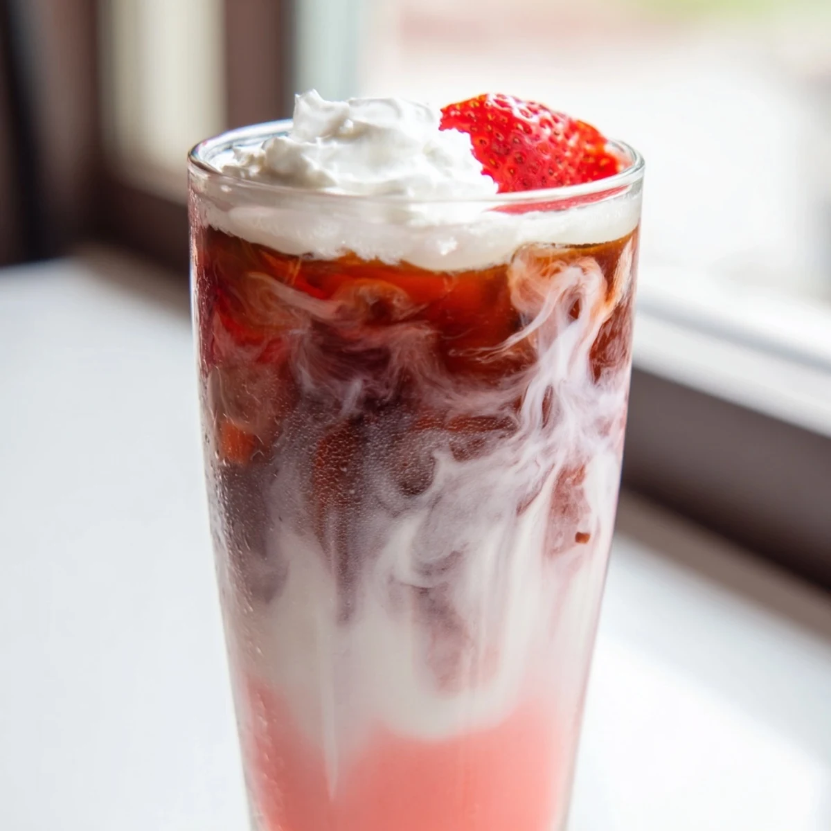 Creamy strawberry cold latte in a tall glass with swirled pink layers and ice