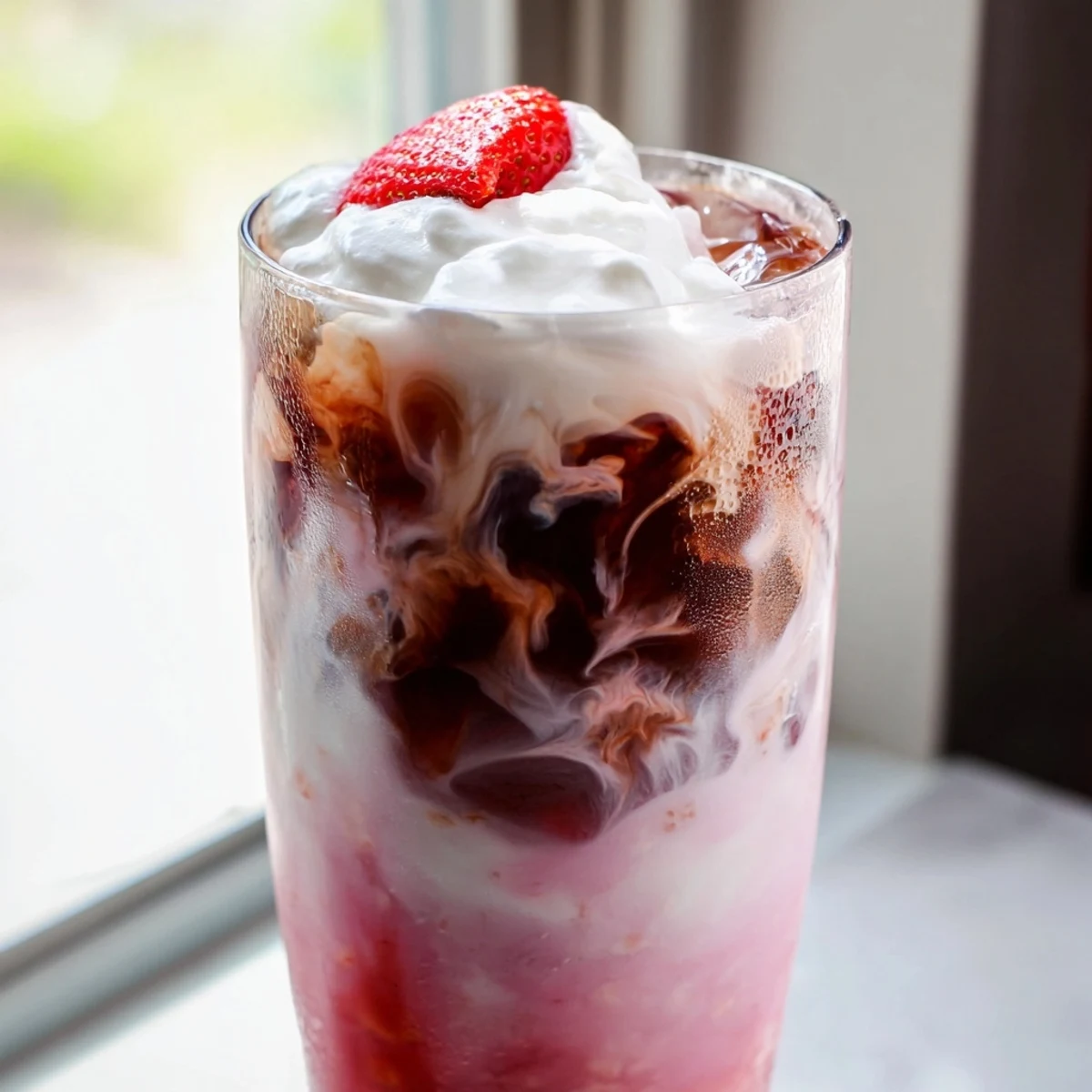 Iced strawberry cream latte topped with fluffy whipped cream and fresh berry garnish