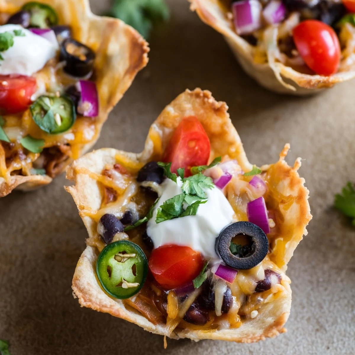Mini tortilla cups overflowing with gooey cheese and zesty game day nacho flavors