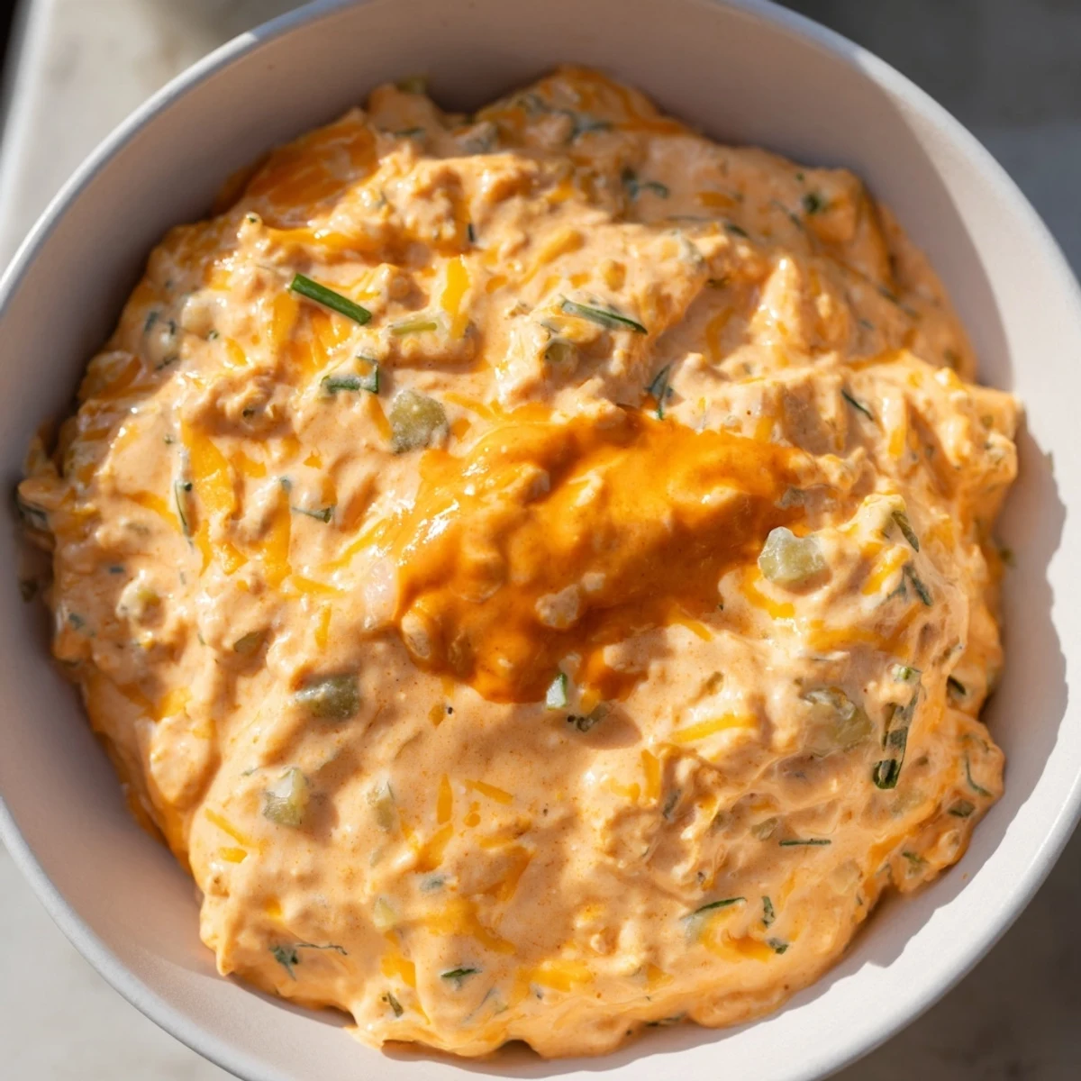 Creamy buffalo pickle dip in a serving bowl surrounded by crunchy chips and fresh veggie sticks
