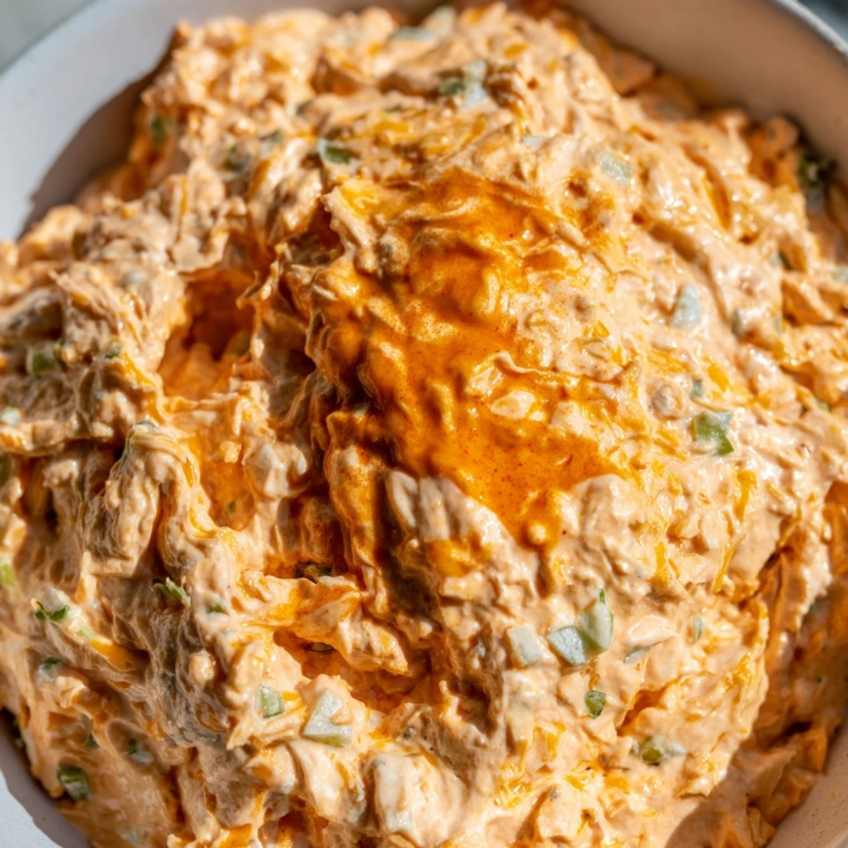 Tangy buffalo pickle dip topped with cheddar cheese and fresh chives ready for party snacking