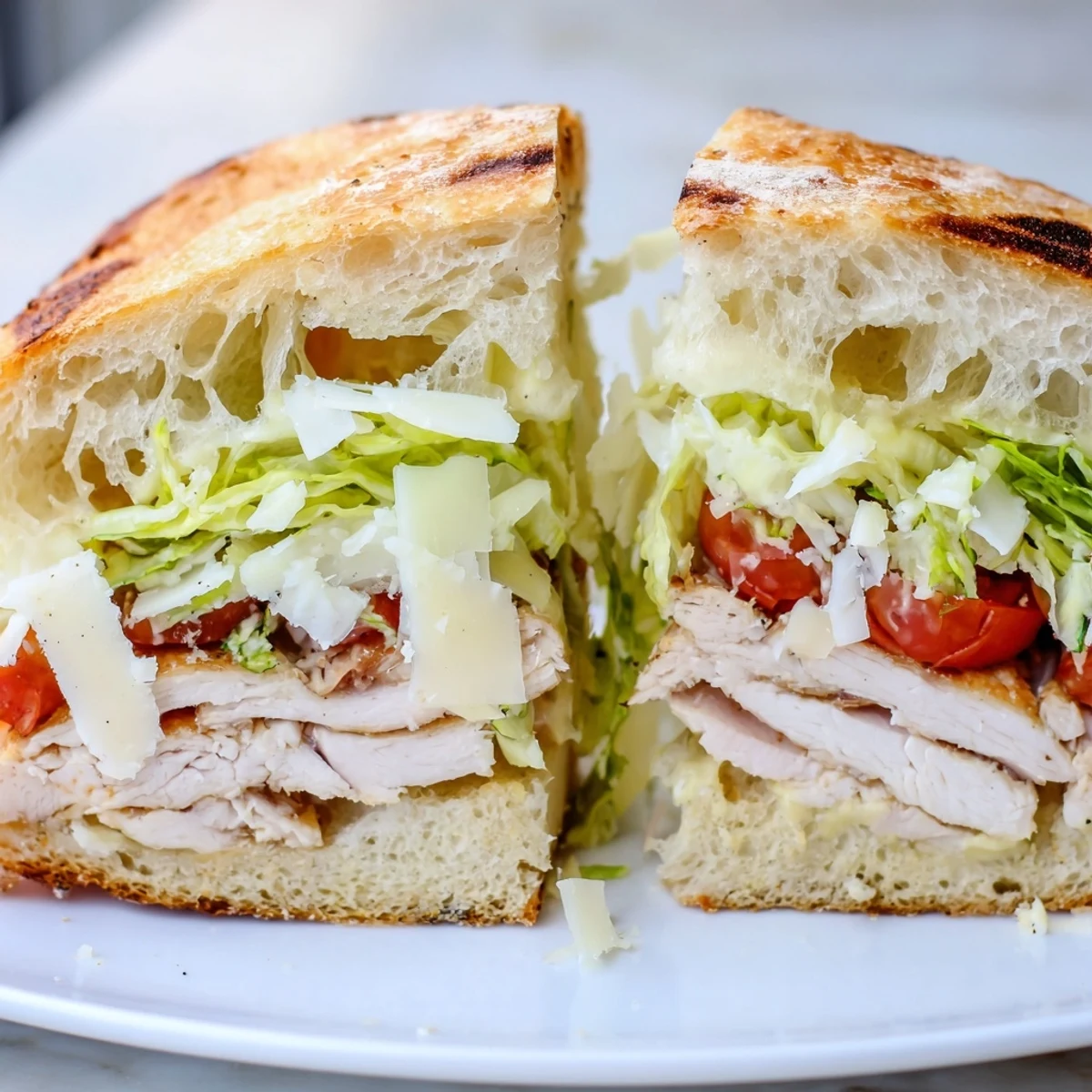 Golden toasted ciabatta roll filled with sliced grilled chicken Caesar sandwich and crisp romaine lettuce
