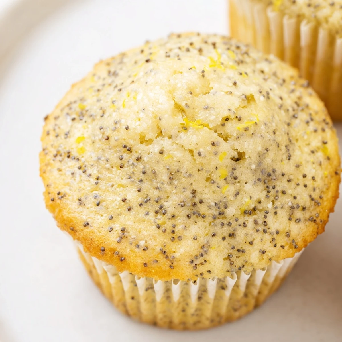 Golden lemon poppy seed muffins with domed tops sitting pretty in a lined muffin tin