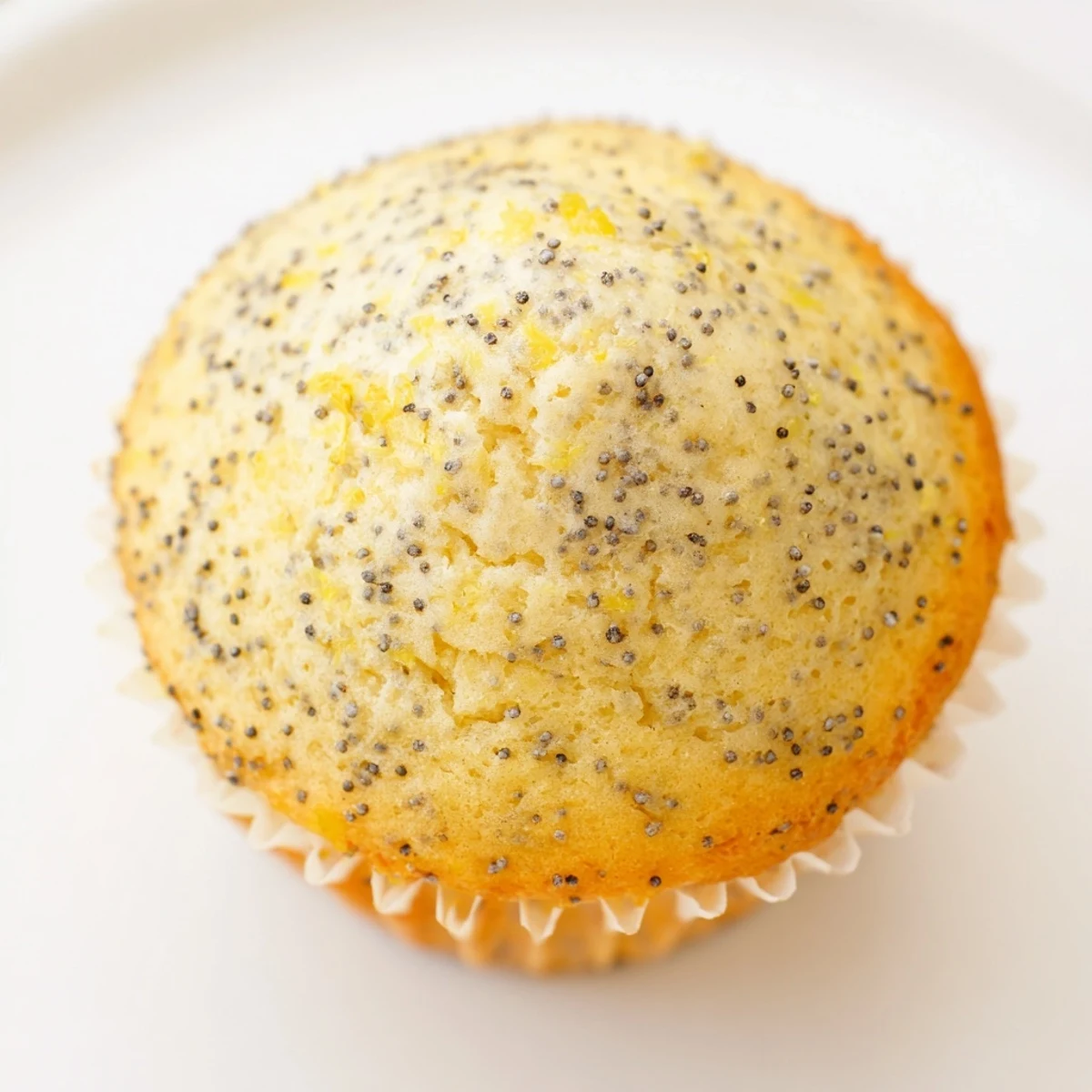 Moist lemon poppy seed muffins flecked with zest and speckled poppy seeds on wire rack
