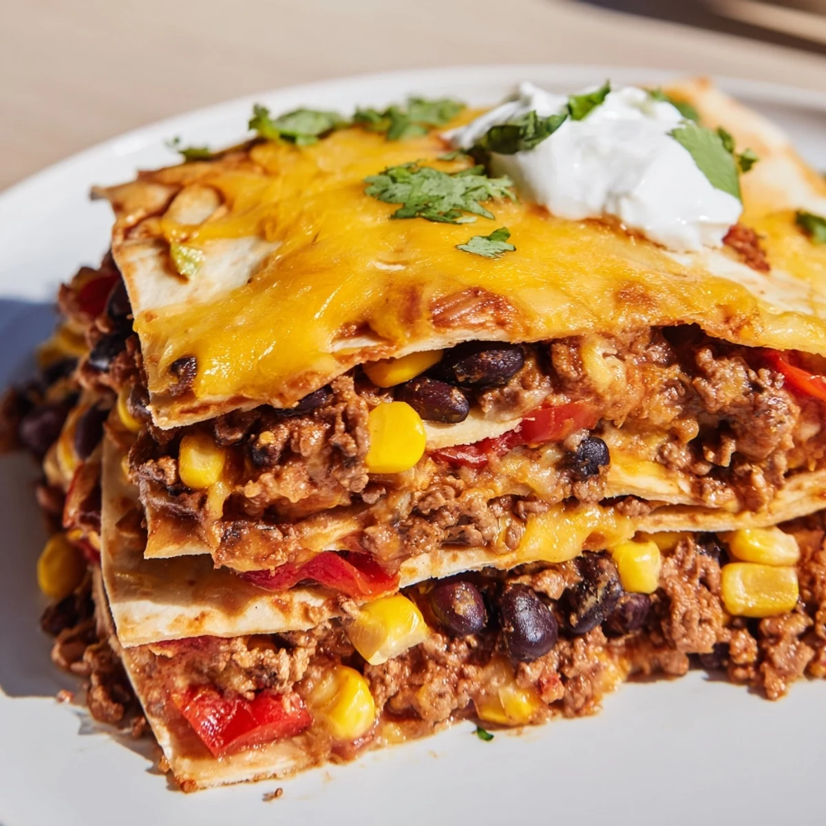 Golden melted cheese tops this hearty Mexican lasagna with seasoned beef and beans
