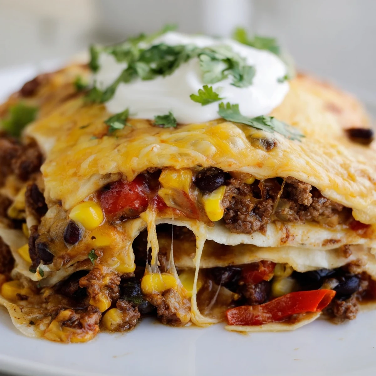 Layered tortillas and spicy beef filling in bubbling cheesy Mexican lasagna casserole