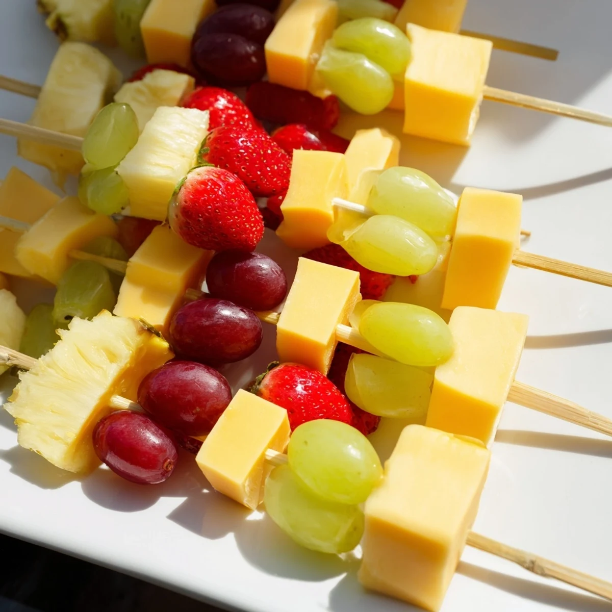 Fruit and cheese kabobs arranged on a platter with colorful grapes, strawberries, pineapple, and cheddar cubes