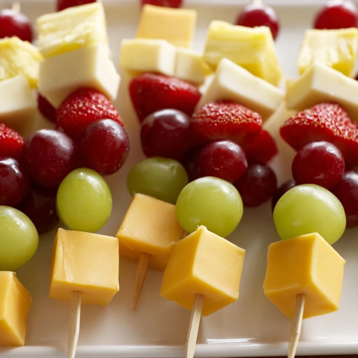 Colorful fruit and cheese kabobs featuring alternating red grapes, strawberries, and creamy Monterey Jack squares on skewers