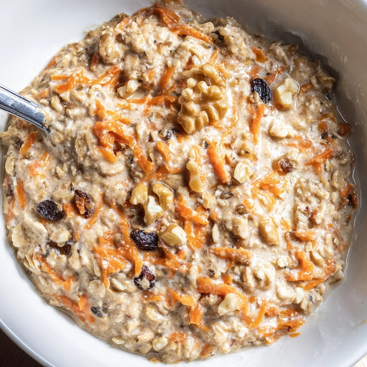 Carrot cake overnight oats in a glass jar topped with chopped walnuts and a sprinkle of cinnamon