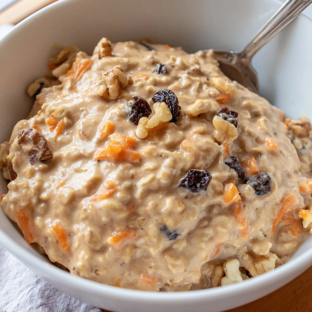 Creamy carrot cake overnight oats with visible grated carrots, raisins, and a swirl of Greek yogurt