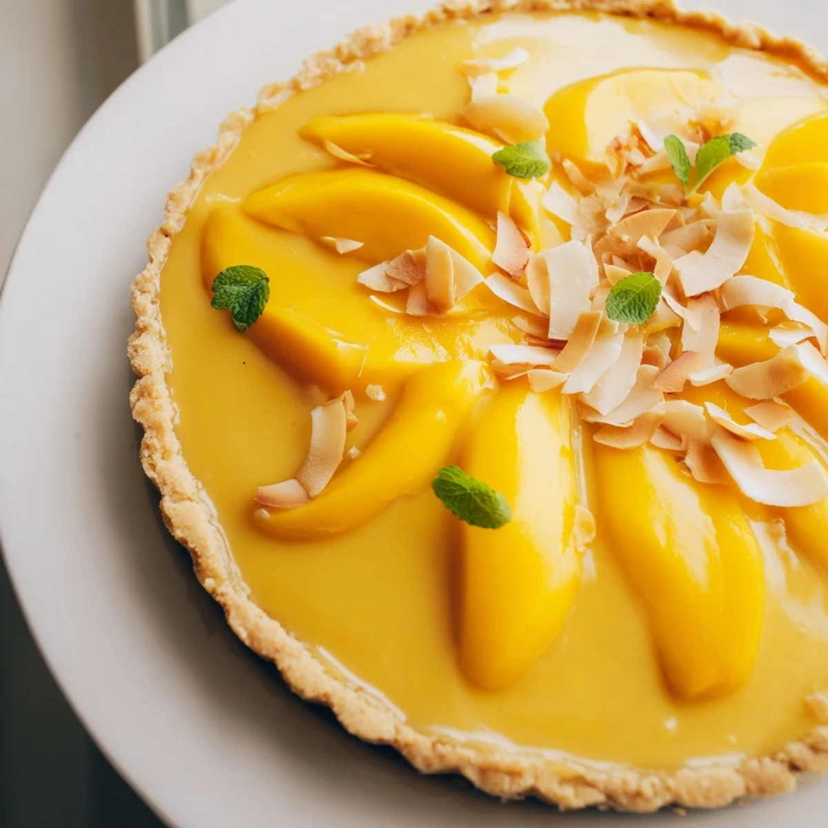 Golden mango curd tart slices arranged on a white serving plate with fresh mint garnish
