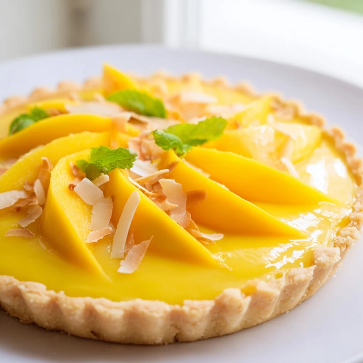 Creamy mango curd tart with buttery golden crust topped with toasted coconut flakes
