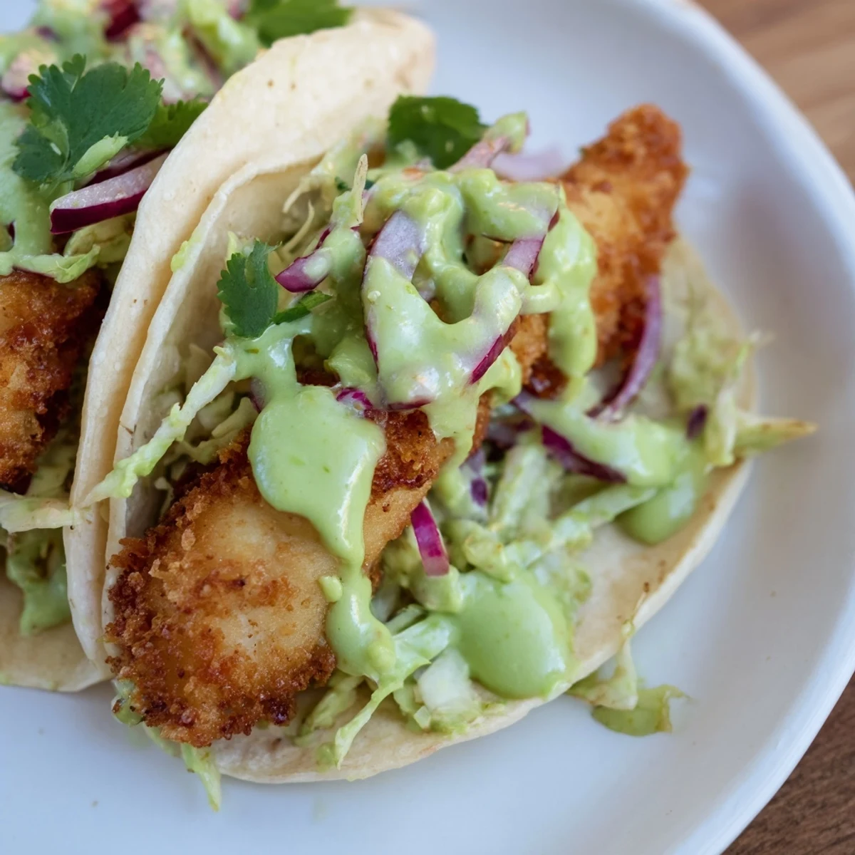 Golden crispy Baja fish tacos topped with creamy avocado crema and fresh crunchy cabbage slaw