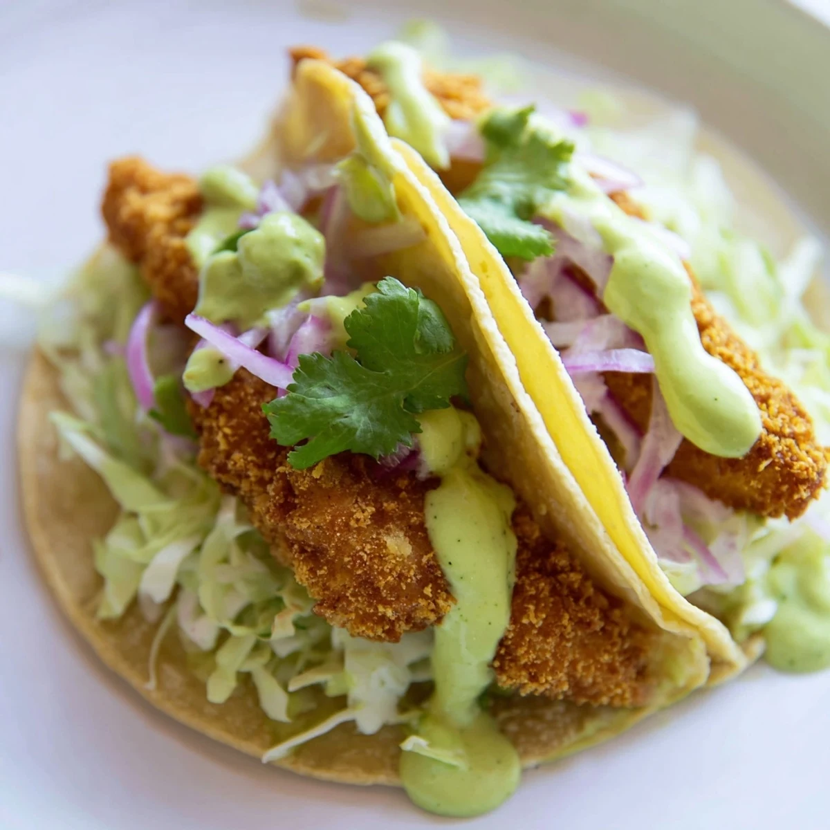 Baja fish tacos on warm corn tortillas drizzled with smooth green avocado crema sauce
