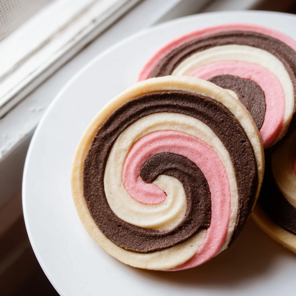 Neapolitan Swirl Cookies arranged on a rustic wooden board with pink chocolate and vanilla spirals