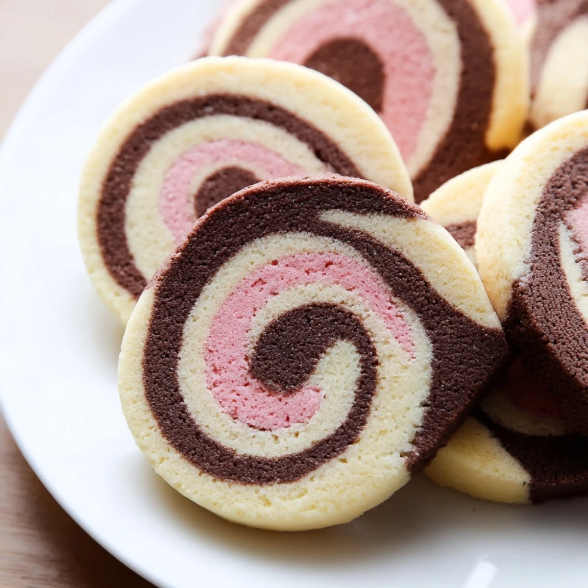 Colorful Neapolitan Swirl Cookies showing tri-colored pinwheel pattern on a white ceramic plate