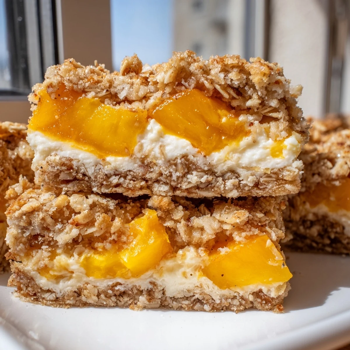 Golden Peaches and Cream Crumble Bars with buttery oat topping on a rustic wooden cutting board