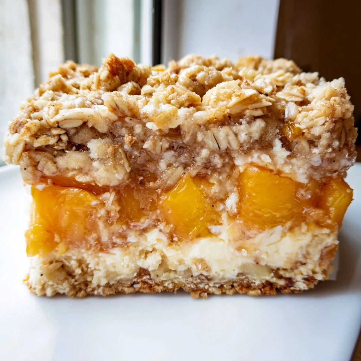 Creamy cheesecake layer peeking through juicy peaches in these homemade Peaches and Cream Crumble Bars