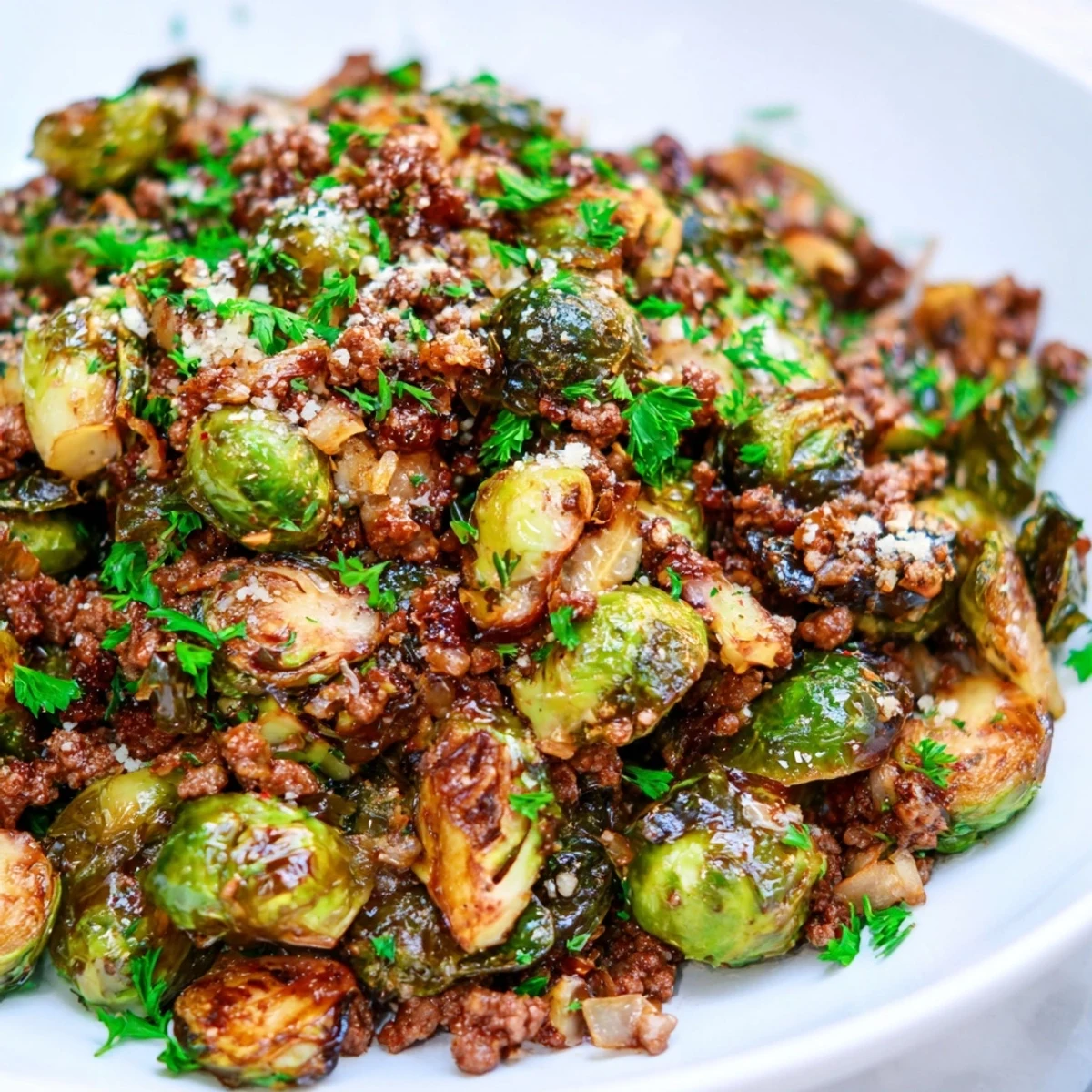 Golden ground beef and Brussels sprouts skillet sizzling with caramelized edges and savory seasonings