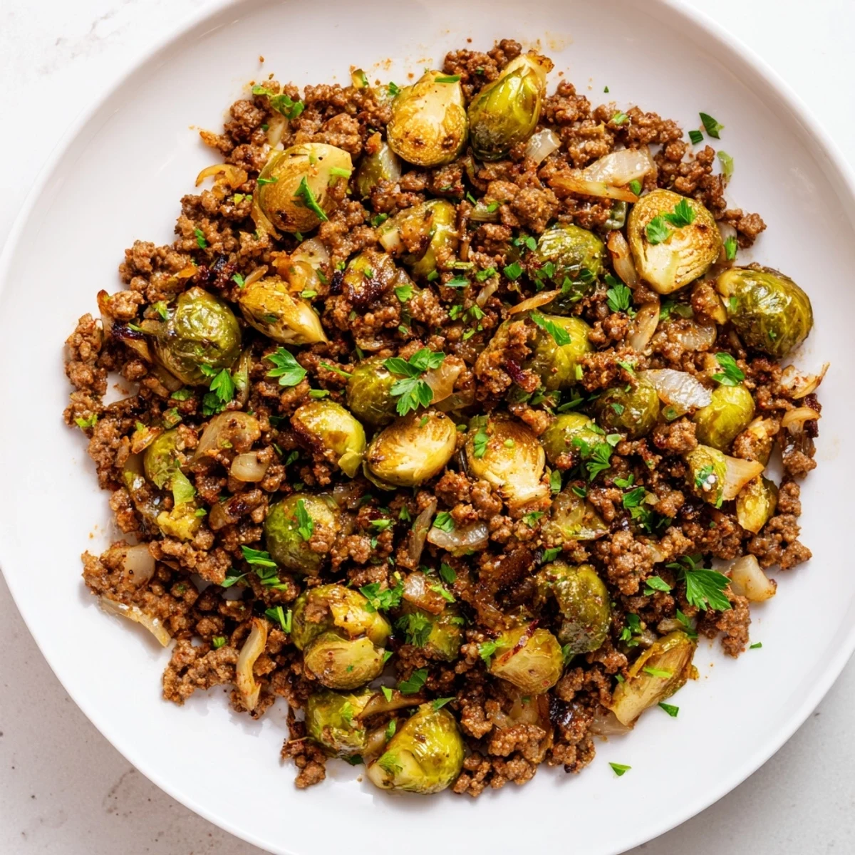Tender Brussels sprouts with seasoned ground beef in a cast iron skillet dinner