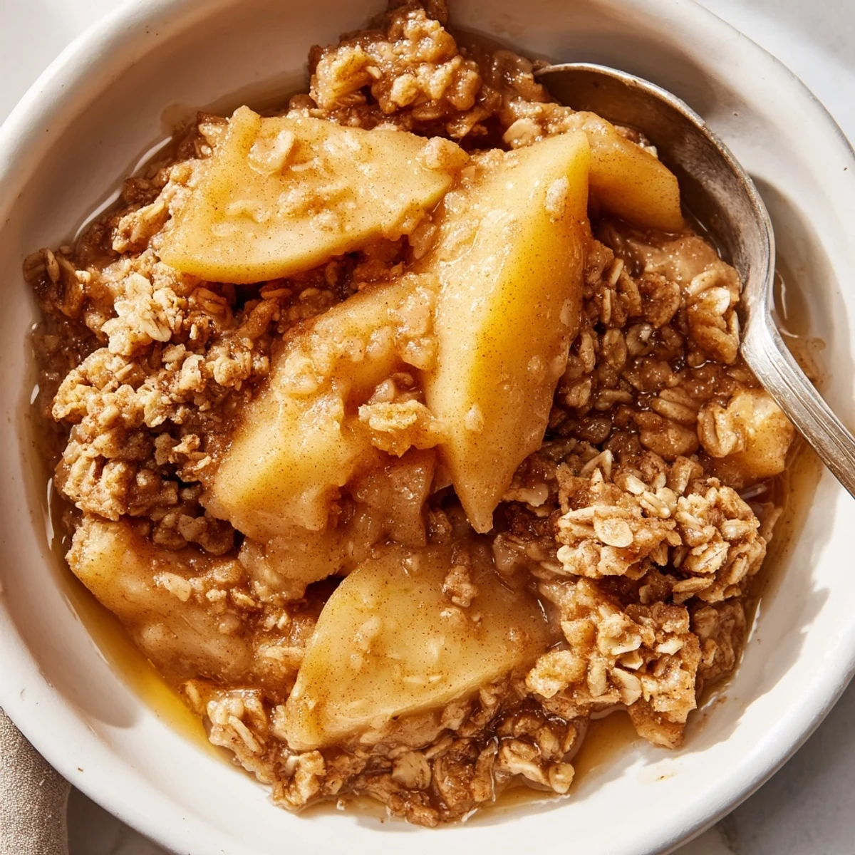 Warm crockpot apple crisp with golden oat topping served in a rustic bowl