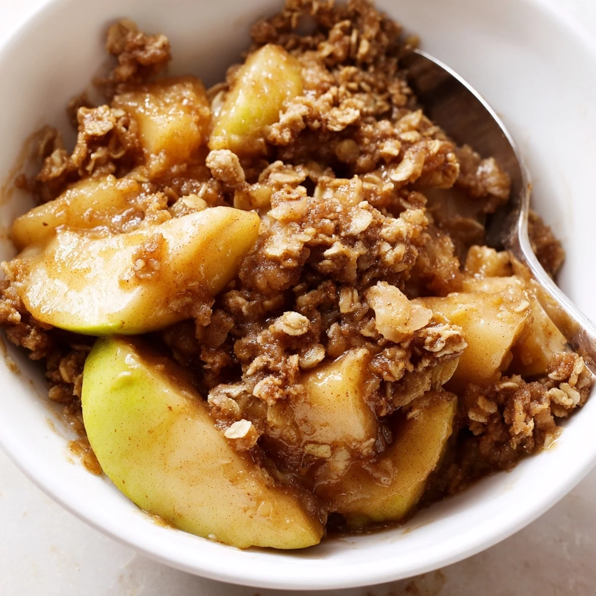 Crockpot apple crisp bubbling with tender cinnamon apples and buttery crumb topping